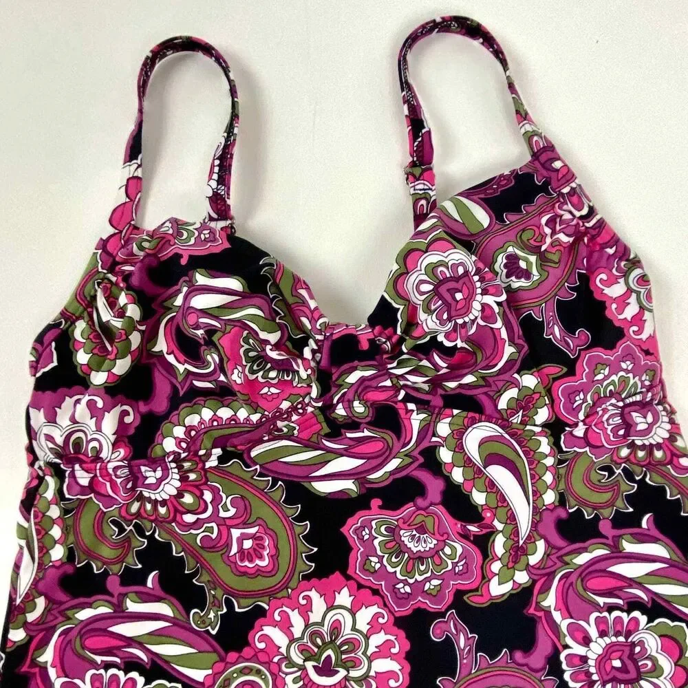 Land's End Tankini Swim Suit Top Ruched Underwire Bodice Paisley Sz 2 Top Only
